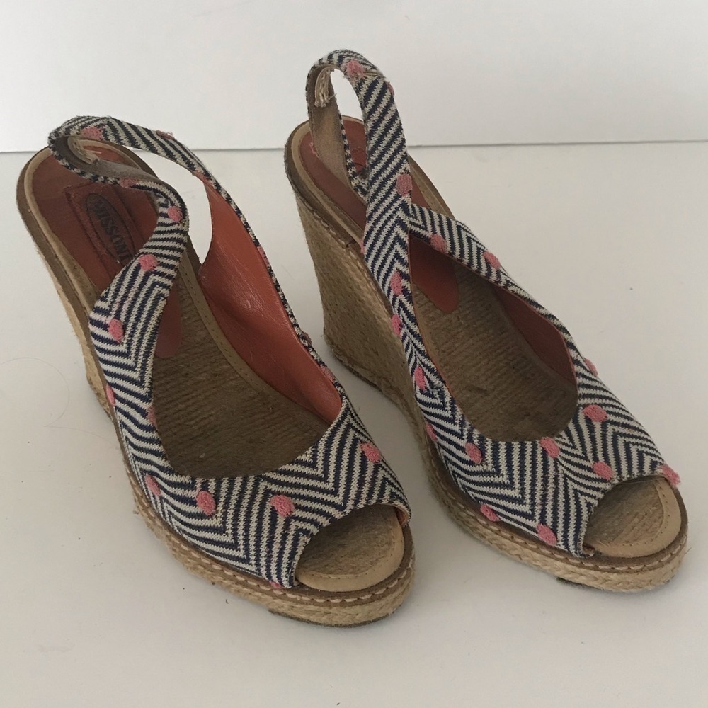 Missoni Blue Knit Zig Zag Pink Polka Dot Wedge Espadrilles Sandals Size 6.5